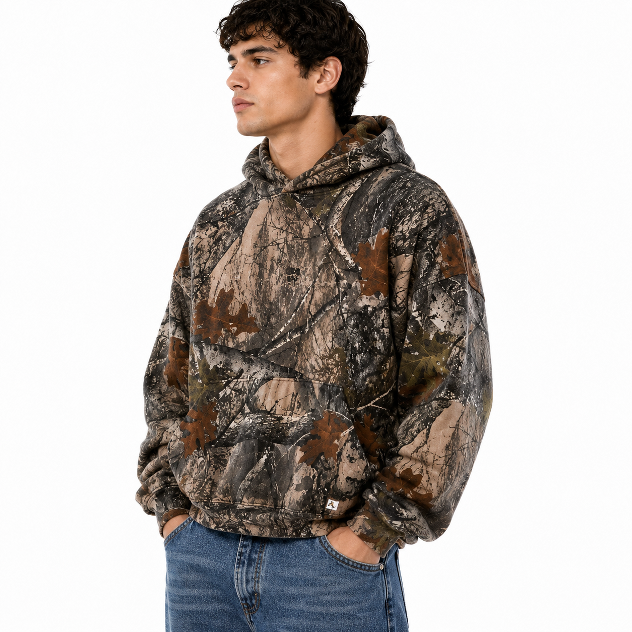 Person wearing a camouflage hoodie on a white background